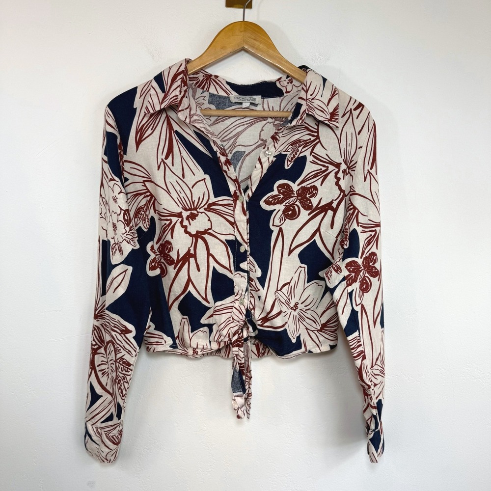 Rachel Zoe Linen Blend Tie Front Floral Crop Top‎ Blouse Coastal Boho Large